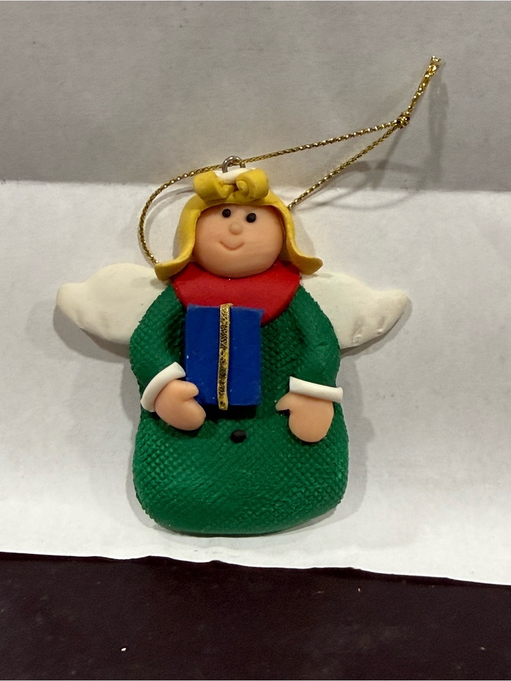Handcrafted Green Angel Ornament with Blue Gift